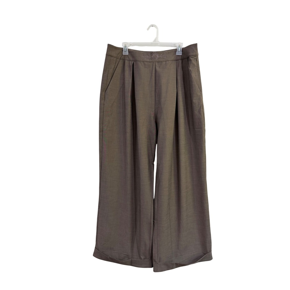 Disturbia Taupe Brown Embroidered Sun Eye Wide Leg Pleated Trousers Size 14